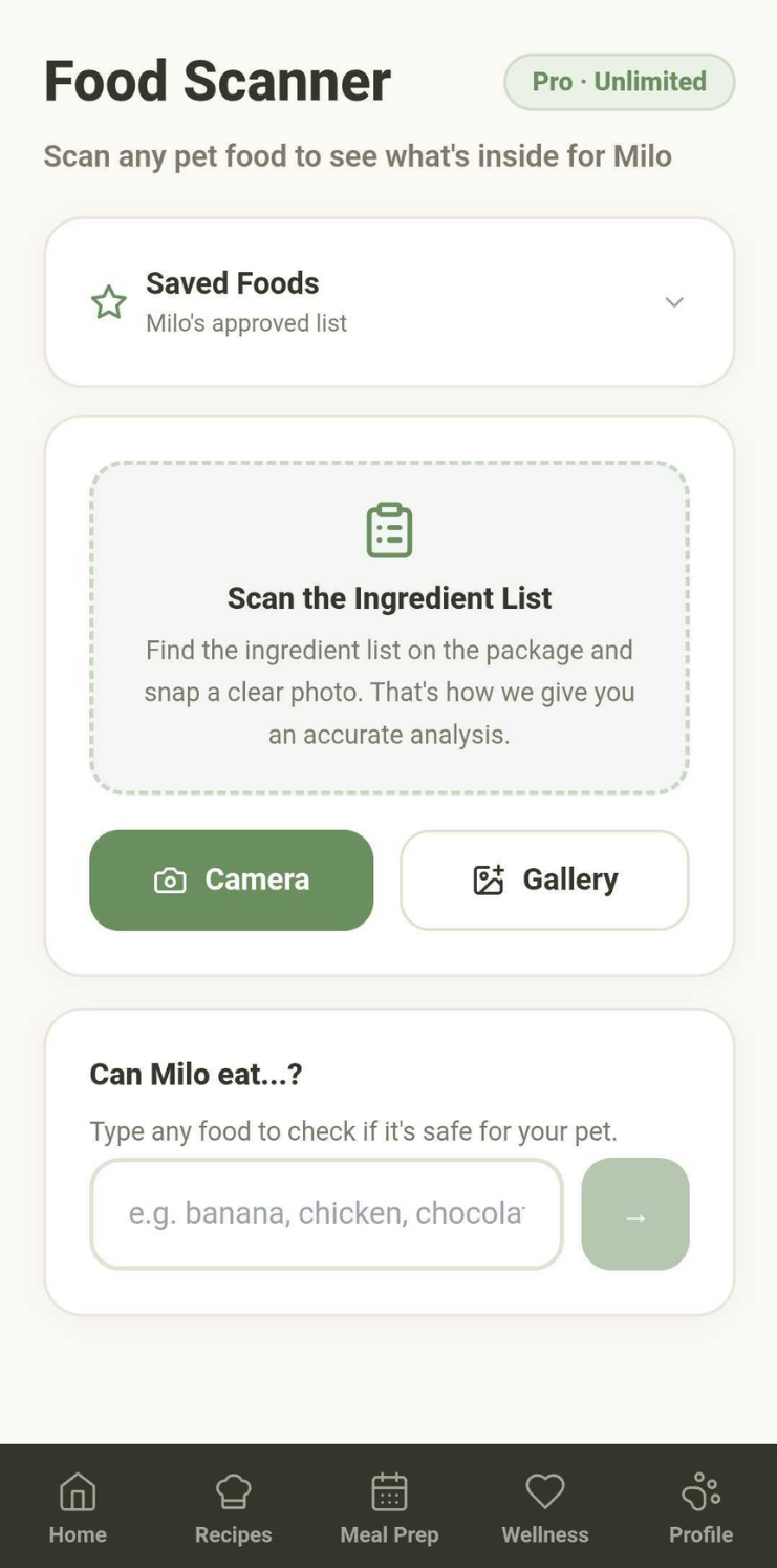 WellWhisker pet food scanner analyzing ingredients for dogs and cats