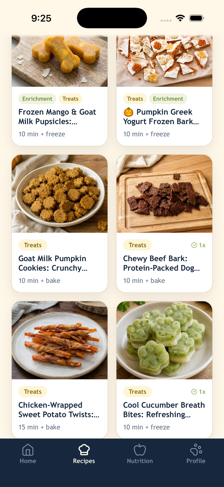 WellWhisker recipe library showing dog and cat treat recipes