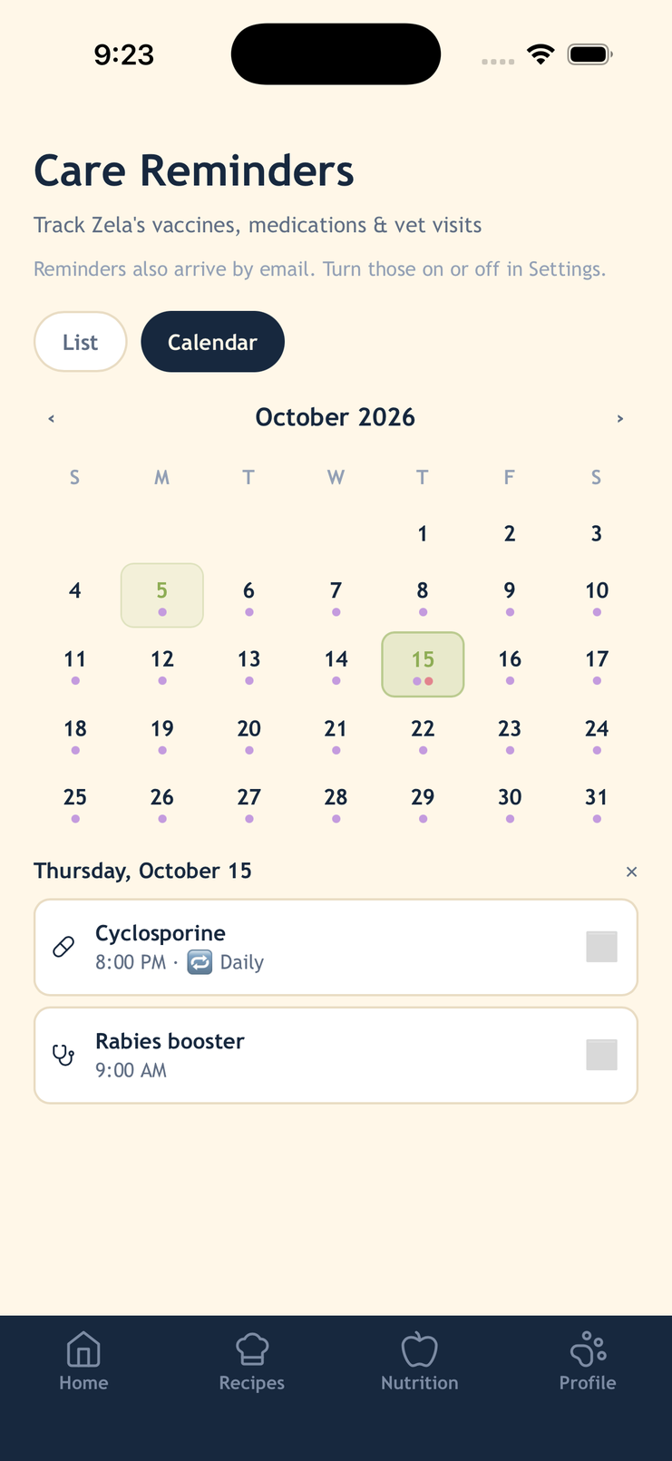 WellWhisker reminders for vet appointments, grooming, and other pet dates