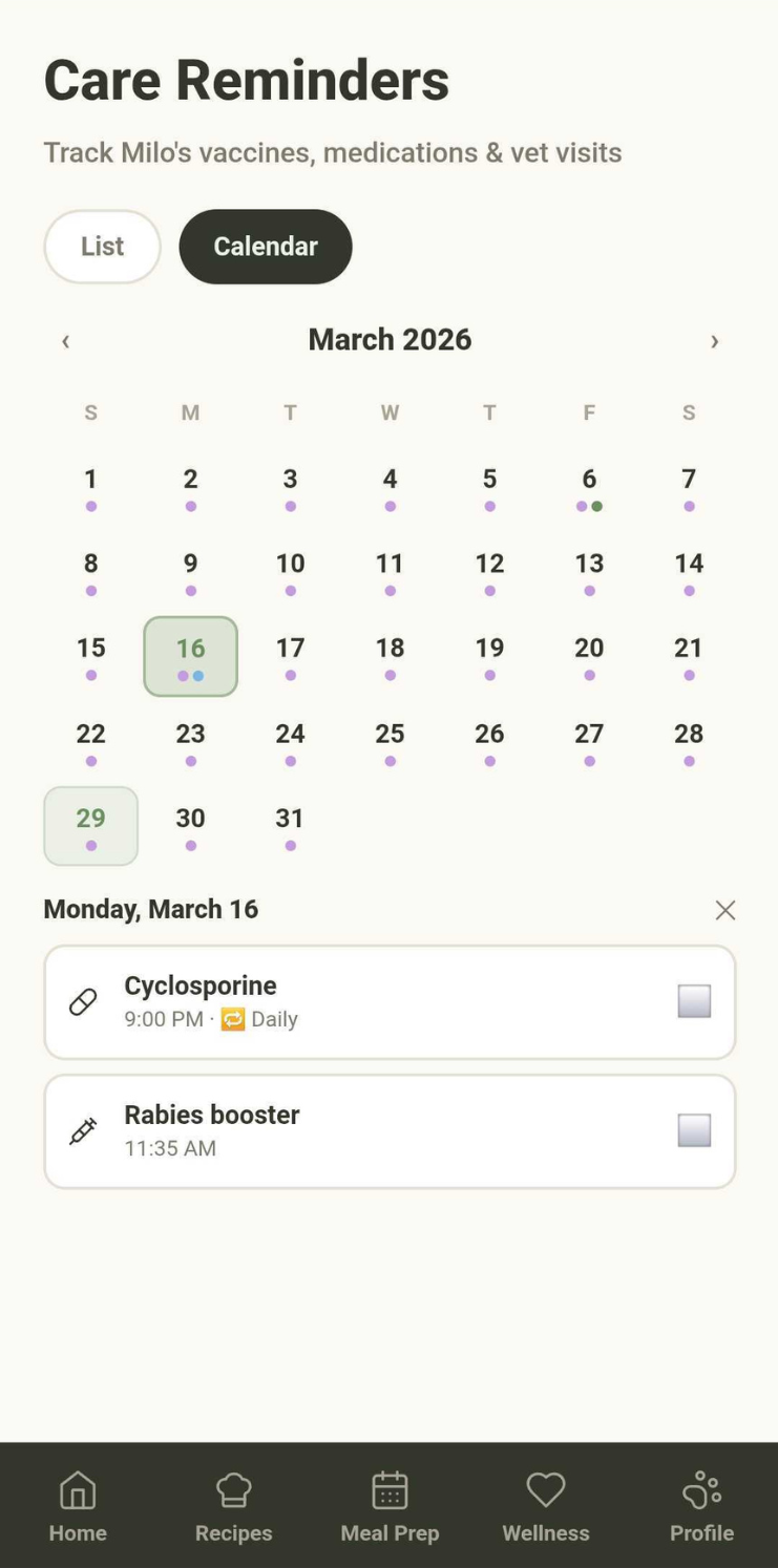 WellWhisker pet care reminders calendar for vet visits and medications