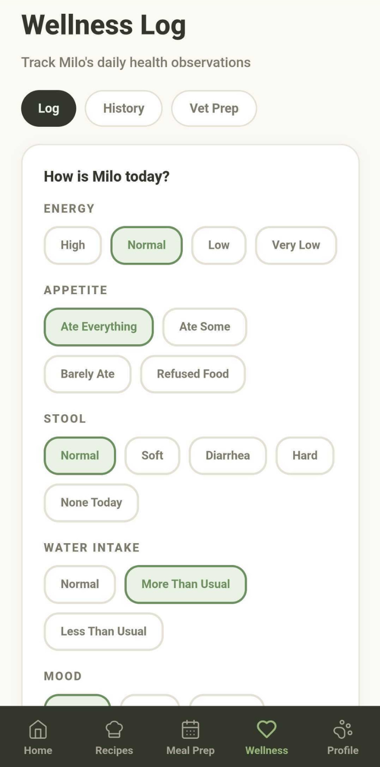 WellWhisker daily pet wellness log tracking energy appetite and mood